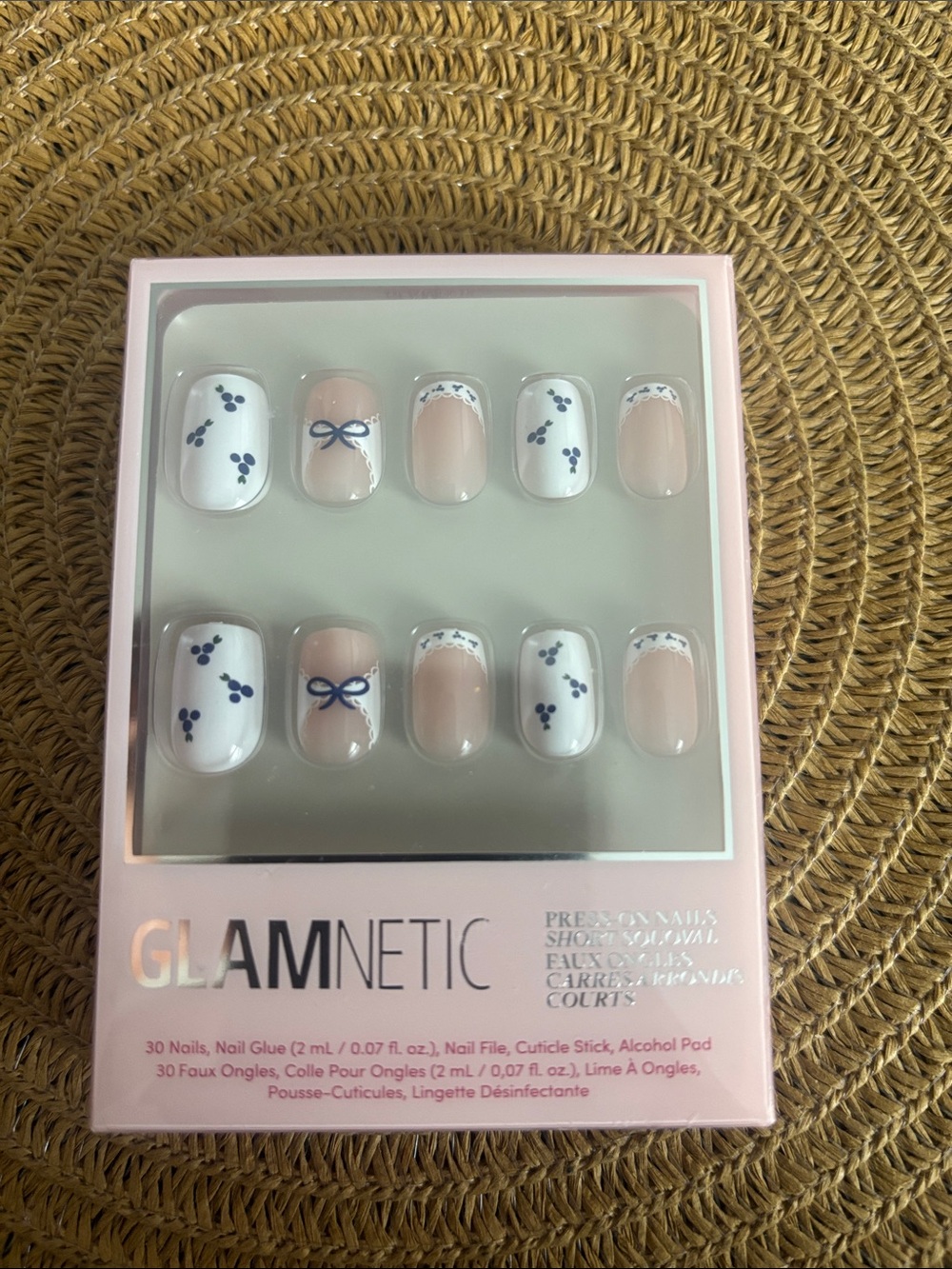 Glamnetic White & Beige Press-On Nail Set with Navy Bow NEVER USED